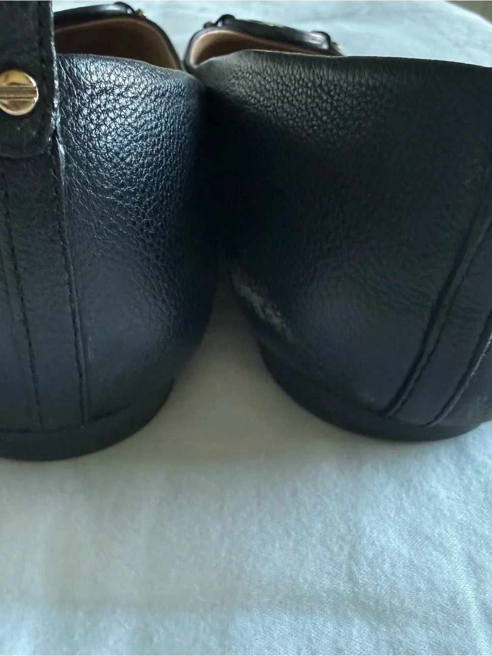 Tory Burch Navy Leather Logo Cutout Flats with Gold Studs